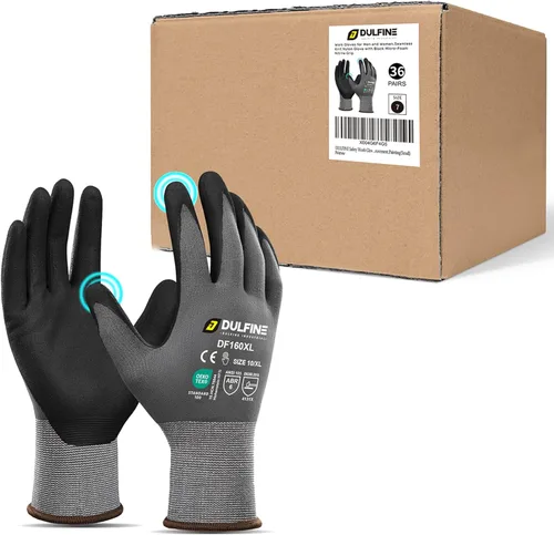Miniatura 9 de DULFINE Safety Work Gloves for Men & Women, MicroFoam Nitrile Coated Nylon Black Grip for General Purpose, 3/6/12/36 Pairs Gris