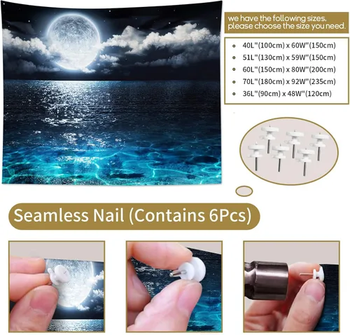 Miniatura 7 de LB Tapiz de cielo nocturno, luna llena en el mar, tapiz para colgar en la pared, tapiz de nube blanca de fantasía, tapiz de acuarela, arte de pared