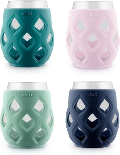 Ello Cru - Juego de copas de vino sin tallo de 17 onzas con fundas protectoras de silicona, aptas para lavavajillas, paquete de copas de cóctel