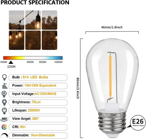Miniatura 2 de KGC Bombillas LED de repuesto S14 inastillables e impermeables – 1 W equivalente a 10 W, blanco cálido 2200 K para exteriores, bombilla de filamento