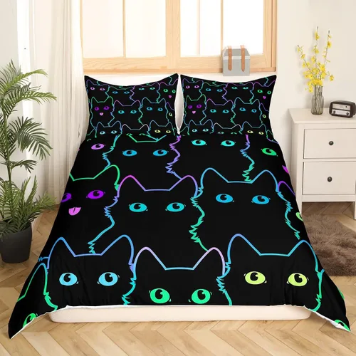 Juego de ropa de cama con diseño de dibujos animados para niñas, niños, mascotas, gatos, funda de edredón con luz de neón, funda de edredón colorida