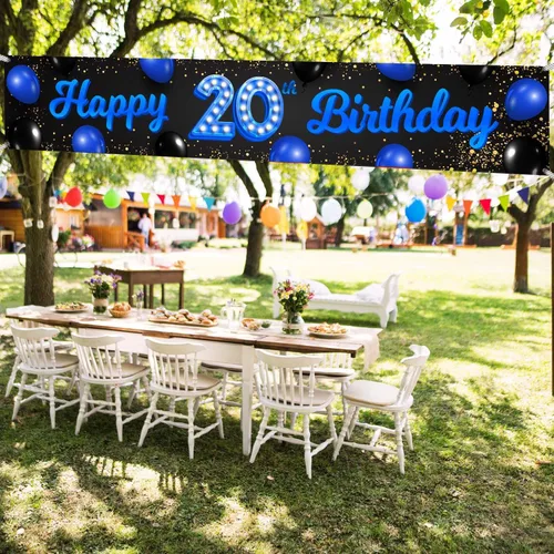 Miniatura 5 de Cartel azul y negro de feliz cumpleaños número 20, decoración temática de globos de confeti para niñas y mujeres, decoraciones de fiesta