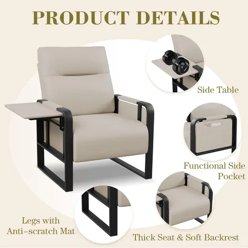 Miniatura 6 de Silla de Acento Moderna Tapizada en Cuero PU Sillón con Mesa de Bandeja para Dormitorio Sala de Estar Sillas Silla de Oficina Beige