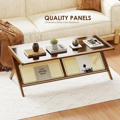 Miniatura 4 de Bamworld - Mesa de centro moderna de mediados de siglo con tapa de vidrio, mesa central de ratán con almacenamiento para sala de estar, color marrón