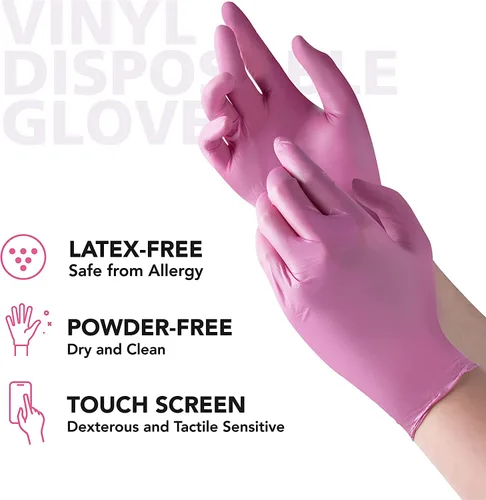 Miniatura 6 de OriStout Guantes desechables para mujer, guantes de vinilo rosa, desechables, sin látex, para cocinar, preparar alimentos, limpiar, teñir
