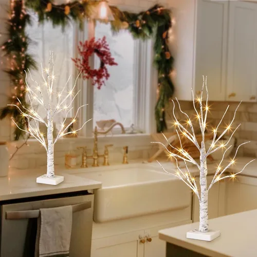 Miniatura 4 de Vanthylit - Juego de 2 árboles de abedul blancos con luces LED, árbol de mesa con temporizador, árbol de Navidad iluminado para decoración