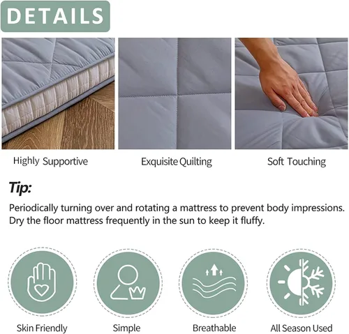 Miniatura 6 de MAXYOYO Colchón de futón japonés para piso - Cubrecolchón extragrueso para cama individual, enrollable y plegable, con patrón de diamante, futón