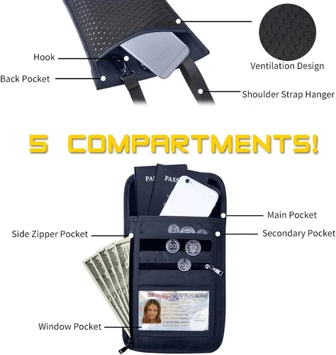 Miniatura 5 de Cartera de viaje, bolsa para el cuello con RFID impermeable multifuncional organizador de documentos, diseño de ventana visual, cartera de viaje