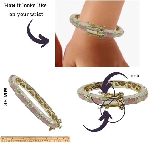 Miniatura 4 de Ivy and Max Brazalete de corazón rosa esmaltado blanco con acabado dorado para niñas, Esmalte, N A