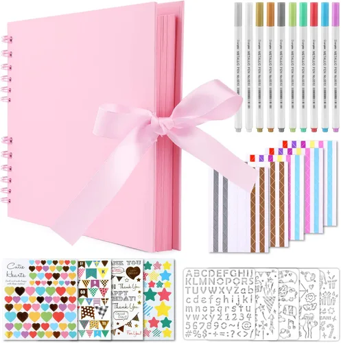 Miniatura 19 de GOTIDEAL Álbum de recortes de 12 x 12 pulgadas con 10 marcadores metálicos, 80 páginas de papel artesanal para bodas y aniversarios, álbum de fotos