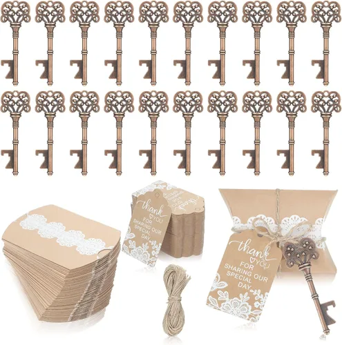 100 juegos de abrebotellas con llave vintage para recuerdos de boda e invitados, regalo de recuerdo rústico a granel con etiqueta de agradecimiento,