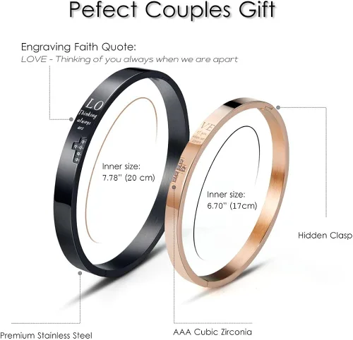 Miniatura 4 de Wolentty Pulseras a juego para él y para ella, de acero inoxidable, para parejas, regalos para hombres y mujeres, Acero inoxidable, Circonita cúbica