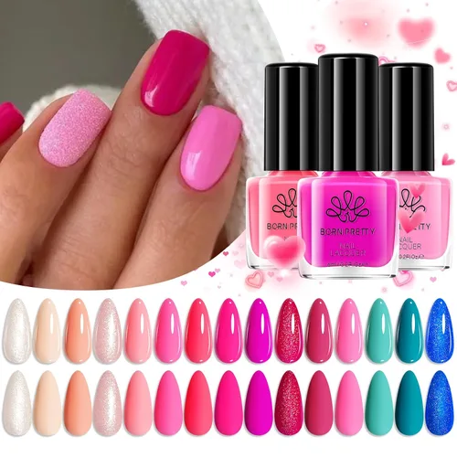Born Pretty Juego de esmalte de uñas rosa para uñas, 15 colores naturales rosa nude, rosa neón, rosa intenso, rosa brillante, verano, laca de uñas