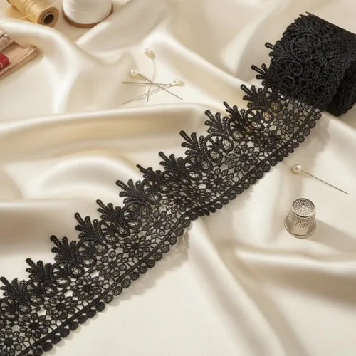 Miniatura 3 de Cinta de encaje bordado floral negro de 3.5 pulgadas de ancho - Cinta de encaje Venecia de 3 yardas para costura, vestido de novia, decoración