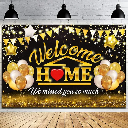 Cartel de bienvenida para decoración del hogar, decoración de fiesta de bienvenida de regreso a casa, color negro y dorado con texto en inglés "We
