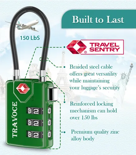 Miniatura 35 de Search Alert - Cerraduras de cable de equipaje de combinación de viaje aprobadas por la TSA para maleta, casillero de gimnasio, caja
