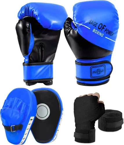 Miniatura 10 de Juego de guantes de boxeo y guantes de boxeo 3 en 1 para niños, guantes de boxeo, almohadillas de enfoque con envolturas de mano para niños,