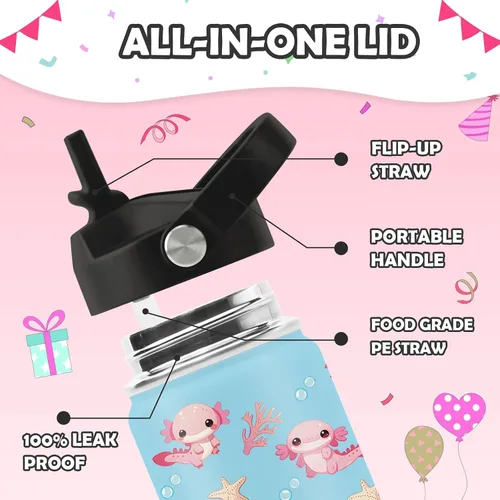 Miniatura 5 de Axolotl - Botella de agua de 12 onzas con tapa con pajilla, botella de agua de acero inoxidable con diseño de ajolotes para niñas, taza aislada