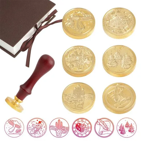 Miniatura 10 de Juego de sellos de cera, 6 piezas de sellos de cera de sellado, cabezales de cobre + 1 empuñadura de madera, kit de sello de cera de sellado