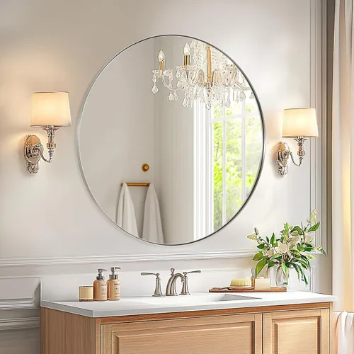 Miniatura 4 de ANDY STAR Espejo de Baño Redondo, 24'' Espejo Redondo de Baño en Plata Cepillada con Marco de Acero Inoxidable, Diseño Empotrado de 1" de Profundidad
