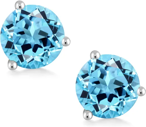 Miniatura 2 de Gem Stone King Aretes de tuerca de Martini de 3 puntas de oro blanco de 18 quilates con topacio azul suizo para mujer