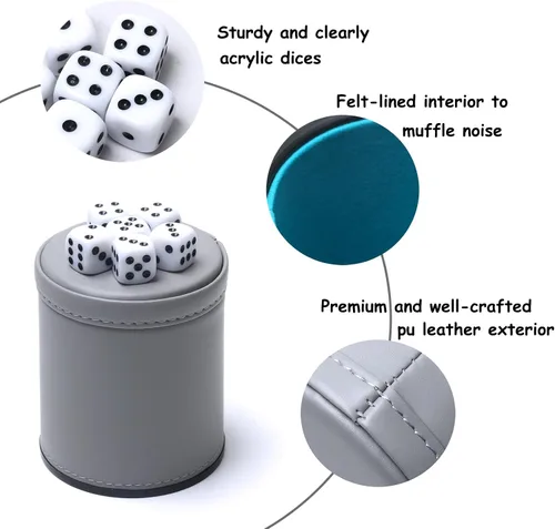 Miniatura 5 de Paquete de 5 dados de piel sintética con forro de fieltro silencioso con 30 dados de puntos para juegos de dados Yahtzee Farkle, gris