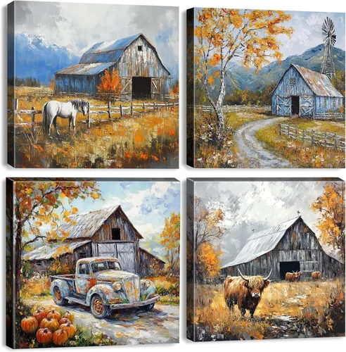Miniatura 20 de Arte de pared rústico de granja, pintura de paisaje rural, molino de viento de granero, camión, impresiones en lienzo de animales de granja, vaca