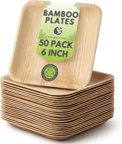 Platos cuadrados de bambú desechables de 6 pulgadas, paquete de 50 unidades, platos biodegradables de postre de hoja de palma para aperitivos y