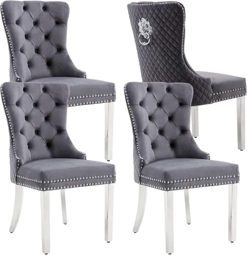 Miniatura 21 de KCC Juego de 2 sillas de comedor tapizadas de terciopelo, modernas sillas capitoné con botones con anillo de cabeza de león y patas de acero
