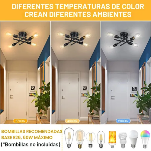 Miniatura 3 de SunRider Lámpara de Techo Industrial Semiempotrada de 4 Luces, Luces de Casa de Campo Moderna Negro Mate, Candelabro Rústico Sputnik para Dormitorio