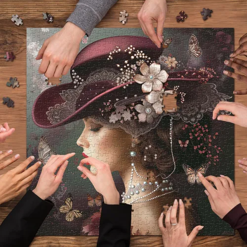 Miniatura 6 de Elegante rompecabezas victoriano de 1000 piezas para adultos, mujer vintage con sombrero rojo, perlas, flores y mariposas, rompecabezas de arte