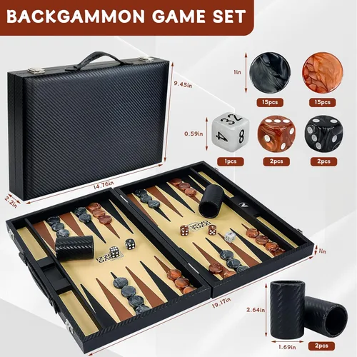 Miniatura 5 de Juego de backgammon de 15 pulgadas para adultos, de fibra de carbono de alta calidad, de piel sintética, plegable, juego de mesa clásico de viaje