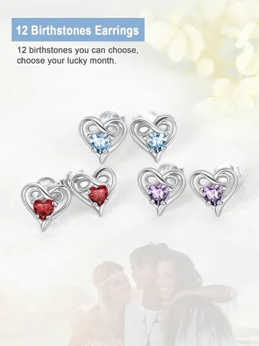 Miniatura 6 de SILVERCUTE Aretes de corazón infinito con piedra natal para mujer, plata de ley 925, joyería de moda, regalo de San Valentín, aniversario