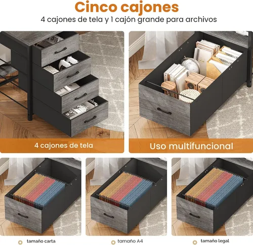 Miniatura 5 de SEDETA Escritorio para computadora de 75 pulgadas con 5 cajones, toma de corriente y luces LED, escritorio de oficina en casa con cajón de archivos