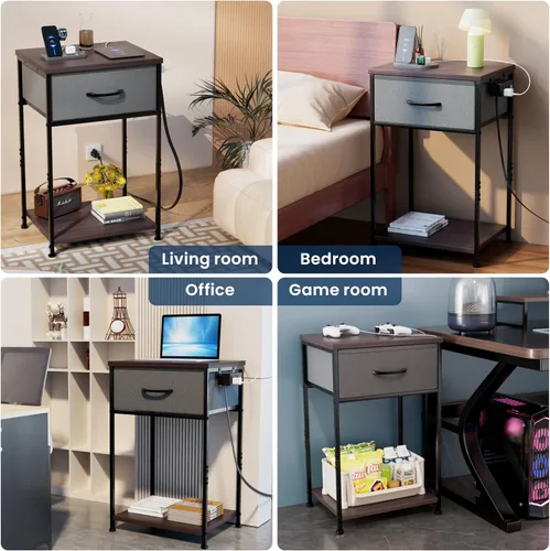Miniatura 7 de Whitmor Mesita de noche con estación de carga, mesita de noche con cajón de tela y estante de almacenamiento, mesa auxiliar con puertos USB y tomas