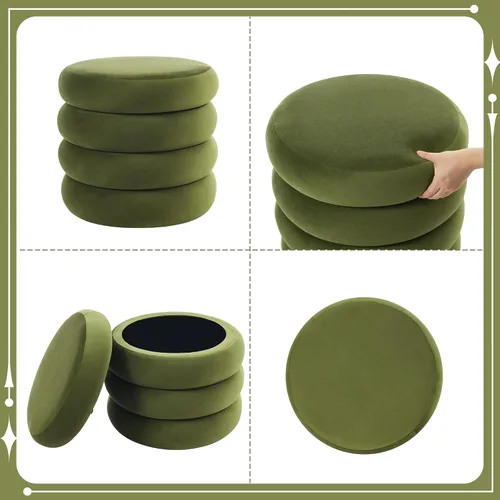 Miniatura 9 de Flouki Taburetes otomanos redondos de almacenamiento de 19.5 pulgadas, taburetes de tocador para dormitorio, puf otomano de terciopelo con tapa Verde
