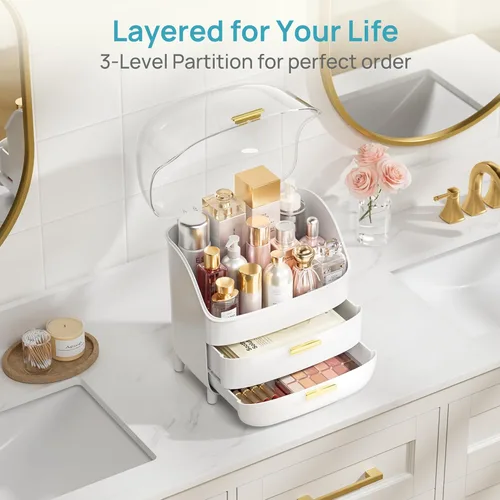 Miniatura 5 de Vtopmart - Organizador de maquillaje y cuidado de la piel de 3 niveles con cajones y tapa para tocador y encimera de baño, caja grande de Blanco