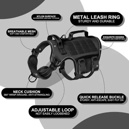 Miniatura 5 de Arnés para perros grandes resistente, arnés táctico sin tirones para perro con sistema Molle, chaleco para perro de servicio fácil de poner y Negro