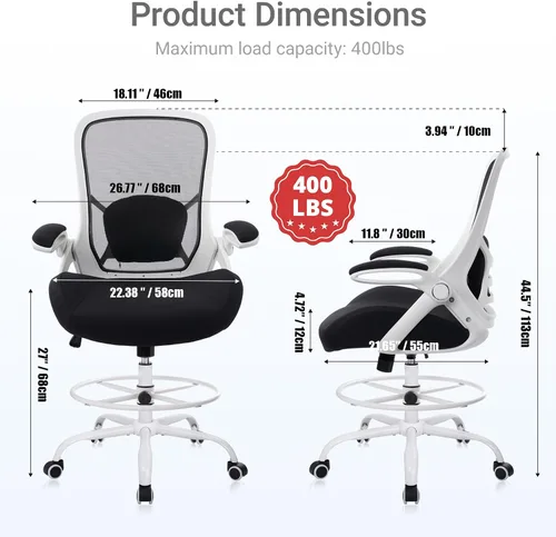 Miniatura 2 de HYLONE Silla de dibujo resistente de 400 libras, asiento grueso de 5 pulgadas, silla de oficina con reposabrazos abatibles, silla ergonómica alta