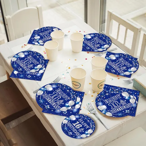 Miniatura 5 de Kepeel Juego de vajilla de 96 piezas para fiesta de 16º cumpleaños, decoraciones y suministros azul y plateado Feliz 16º Cumpleaños para niños