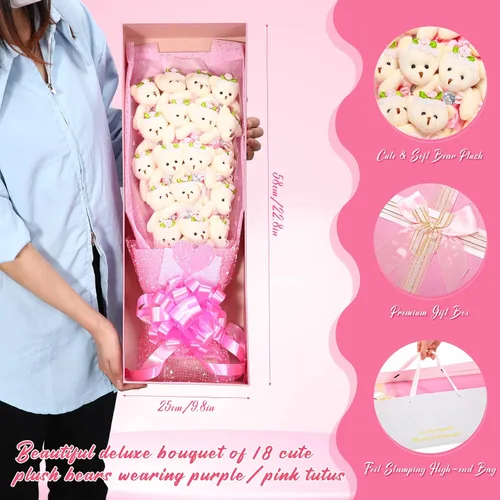 Miniatura 2 de Jexine Bonito ramo de flores de oso de graduación, incluye 18 piezas de oso de peluche de tallo largo con diamante y caja de regalo para bodas