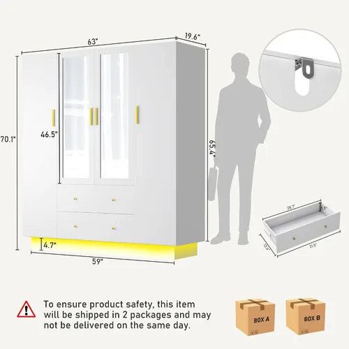 Miniatura 2 de Armario de 4 puertas con espejo, armario LED con puertas y cajones, armario de almacenamiento de madera con barra para colgar, estantes ajustables