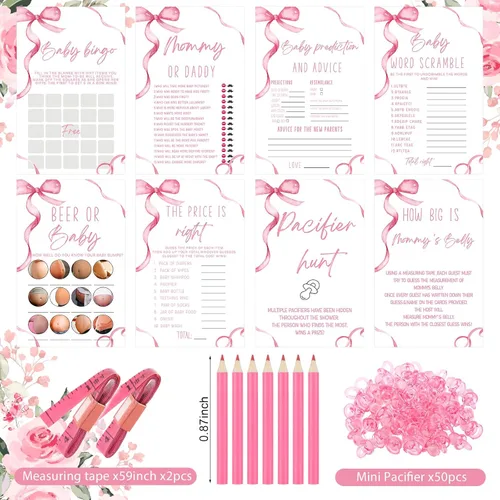 Miniatura 3 de Honoson 279 piezas de juegos de baby shower rosa con moño para 50 invitados, incluyen 8 juegos: Baby Shower Bingo, Price Is Right, Mommy or Daddy