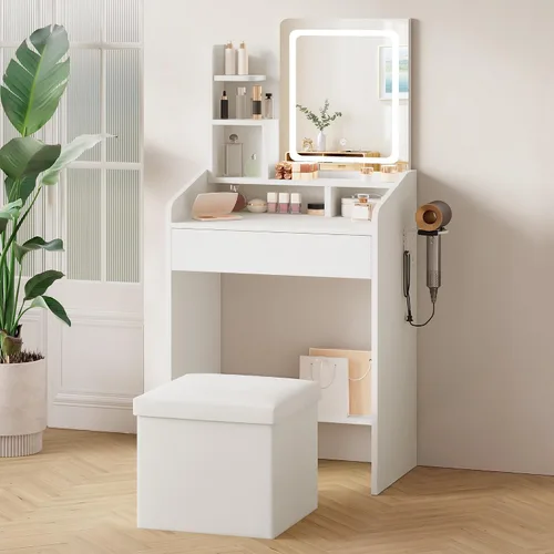 Miniatura 2 de LIVELYGLOW Juego de tocador pequeño con espejo iluminado y estación de energía, escritorio de maquillaje blanco moderno de 24 pulgadas con taburete