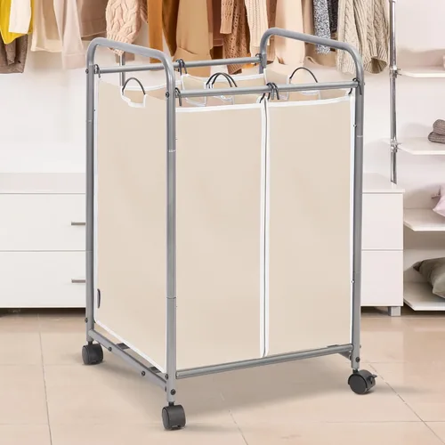 Miniatura 2 de STORAGE MANIAC Clasificador de ropa sucia de 2 secciones, cesto de ropa sucia de 90 L Gal con ruedas, clasificador separador de cesta de ropa, Beige