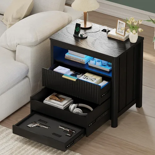 Miniatura 13 de HNEBC Mesita de noche con cajones para armas, mesita de noche de granja con estación de carga, mesita de noche secreta con luz automática de 3