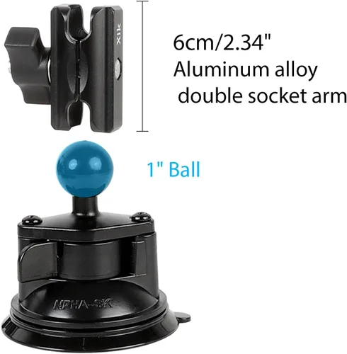 Miniatura 3 de xik Soporte de base de ventosa de bola de 1 pulgada con brazo de doble enchufe de 2.36 pulgadas para teléfono y tableta, soporte de leva de acción