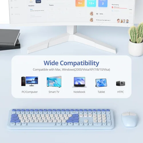Miniatura 7 de Combo de teclado y mouse inalámbricos de 104 teclas, tamaño completo, color azul con teclas redondas silenciosas, ideal para portátiles y Azul blanco