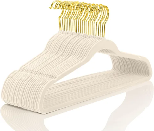 Miniatura 29 de MIZGI Perchas de terciopelo prémium (paquete de 50) resistentes y antideslizantes, perchas de terciopelo rosa rubor - ganchos dorados, perchas