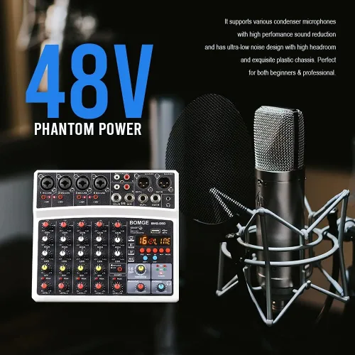 Miniatura 7 de BOMGE Mezclador de sonido de audio de 6 canales – Consola de mezcla de DJ digital profesional para transmisión en vivo, karaoke y grabación estéreo